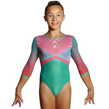 Justaucorps gymnastique Hydra jade et framboise – manches longues (3/4) | Nine.Nine