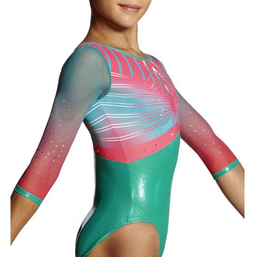 Justaucorps gymnastique Hydra jade et framboise – manches longues (3/4) | Nine.Nine