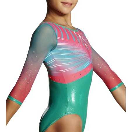 Justaucorps gymnastique Hydra jade et framboise – manches longues (3/4) | Nine.Nine