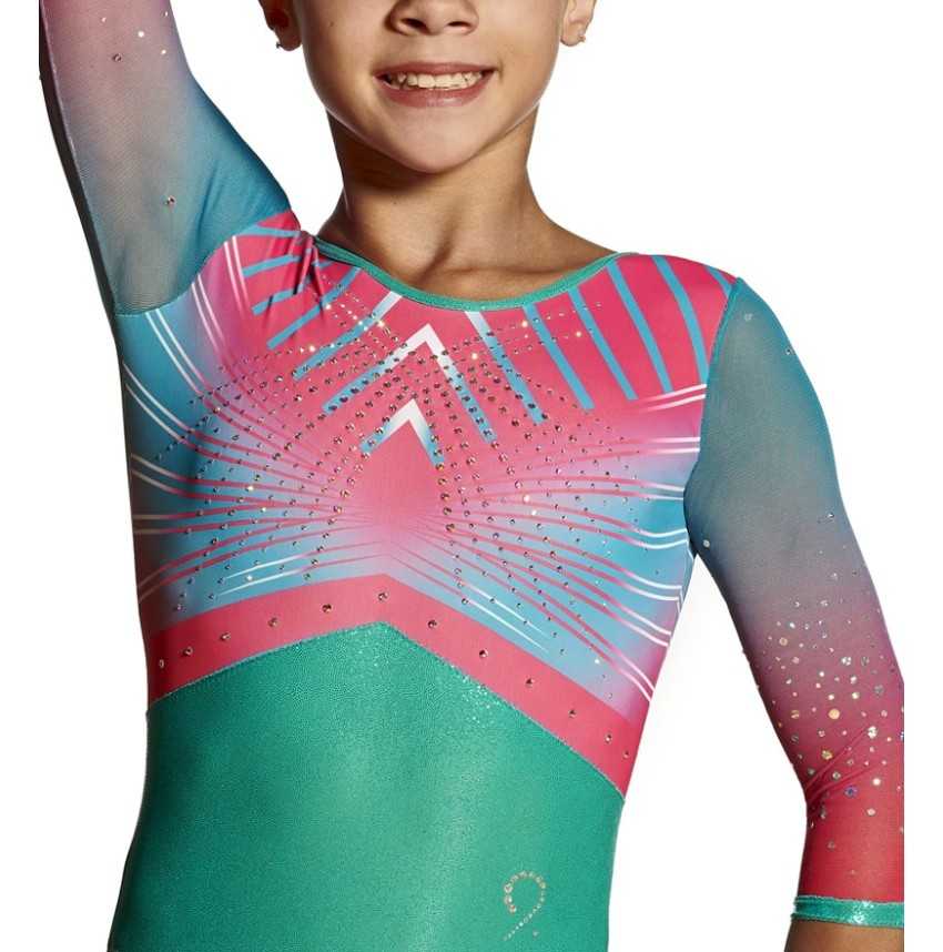 Justaucorps gymnastique Hydra jade et framboise – manches longues (3/4) | Nine.Nine