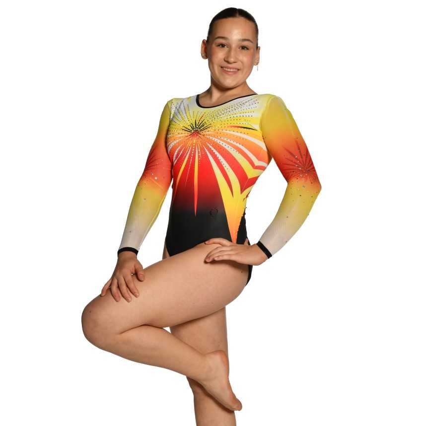 Justaucorps gymnastique GAF Cosmos noir jaune rouge – Manches Longues / Nine.Nine