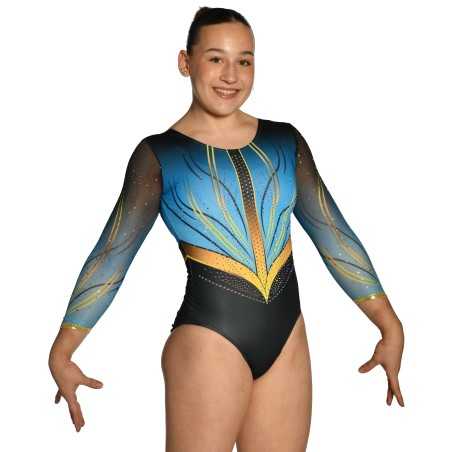 Justaucorps gymnastique fille Cassiopé noir et bleu – manches longues, strass / Nine.Nine