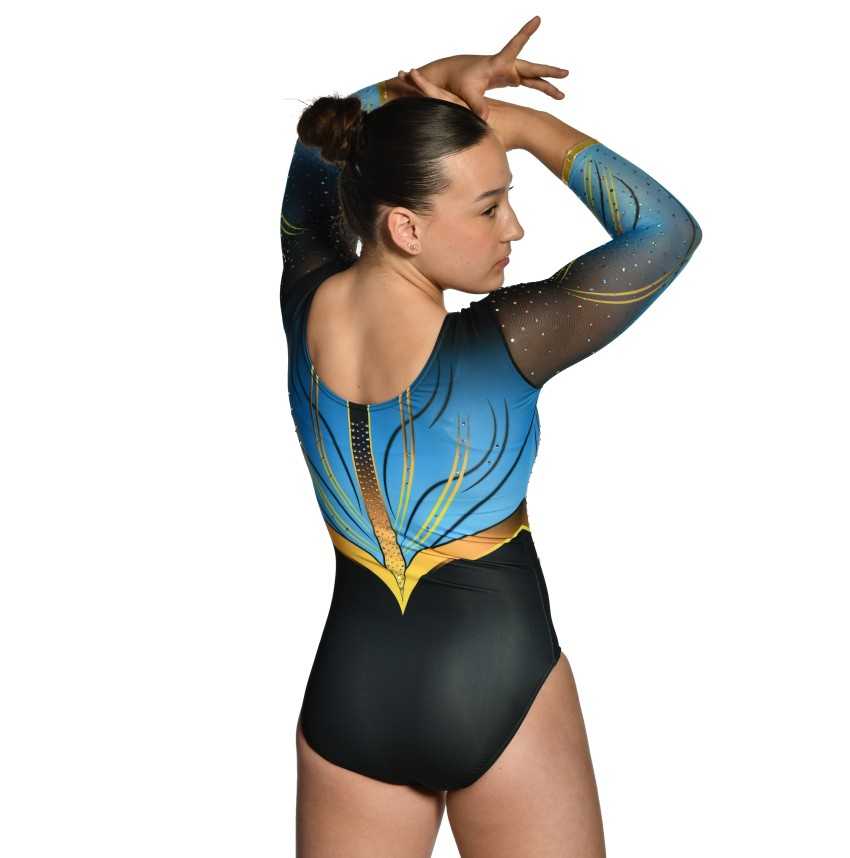 Justaucorps gymnastique fille Cassiopé noir et bleu – manches longues, strass / Nine.Nine