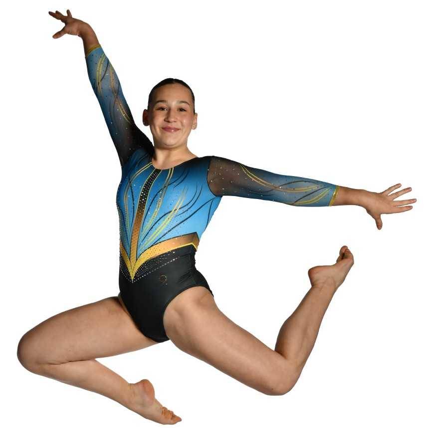 Justaucorps gymnastique fille Cassiopé noir et bleu – manches longues, strass / Nine.Nine