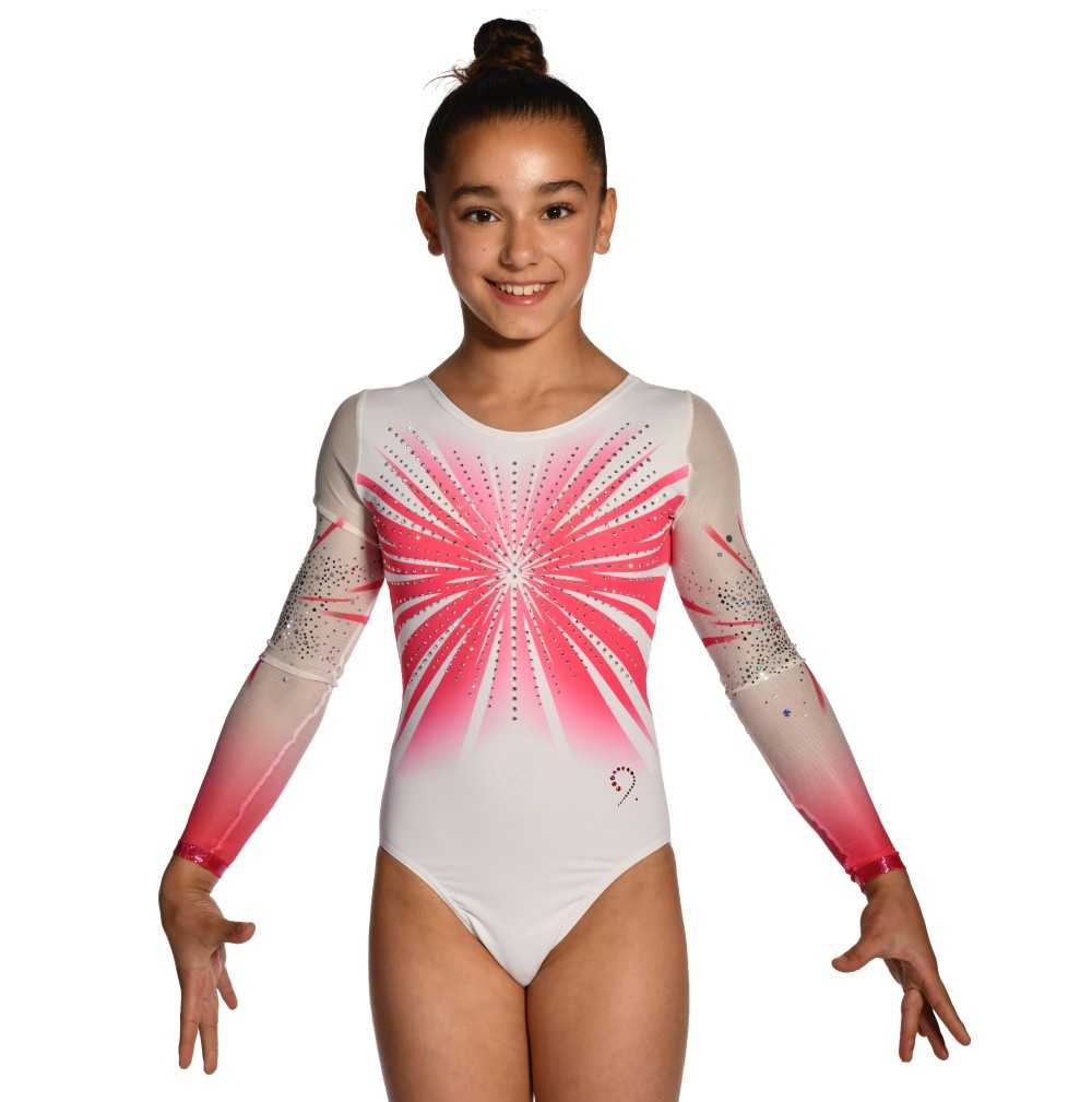 Justaucorps gymnastique fille Cosmos rose et blanc – manches longues, strass / Nine.Nine
