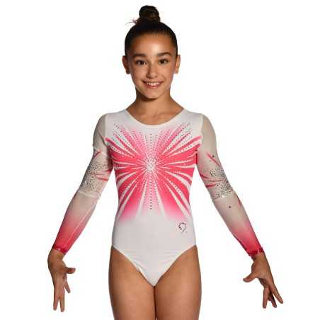 Justaucorps gymnastique fille Cosmos rose et blanc – manches longues, strass / Nine.Nine