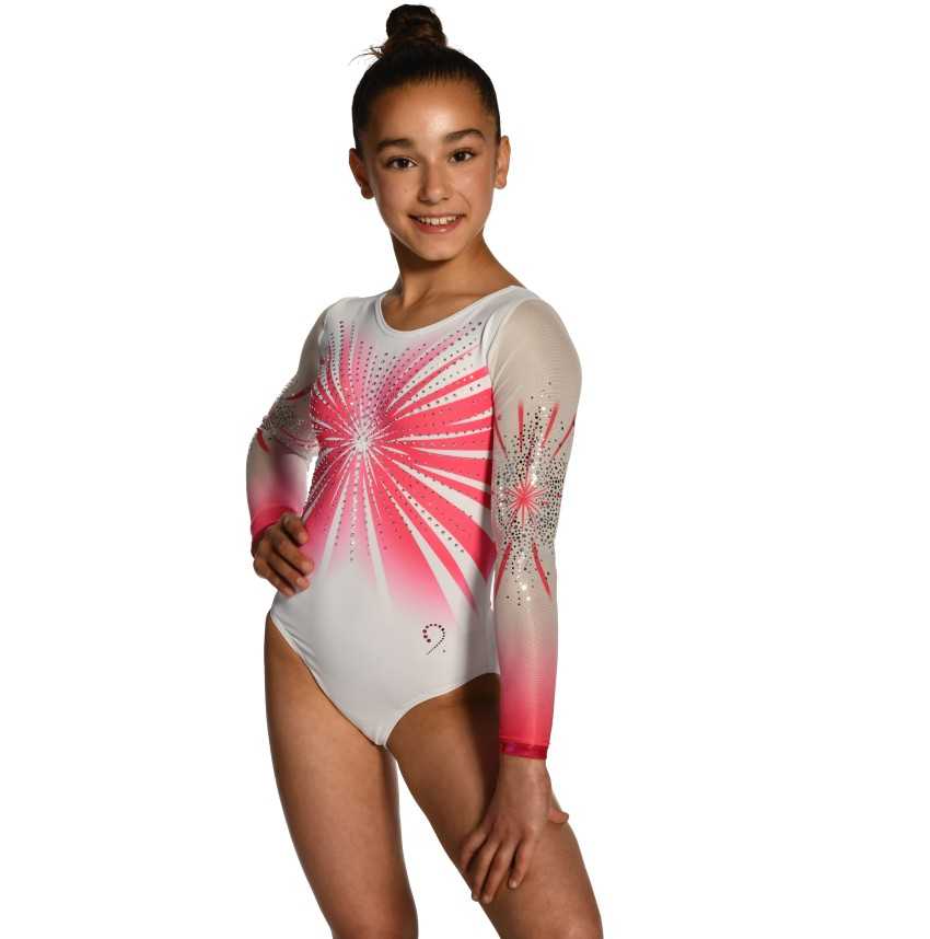 Justaucorps gymnastique fille Cosmos rose et blanc – manches longues, strass / Nine.Nine