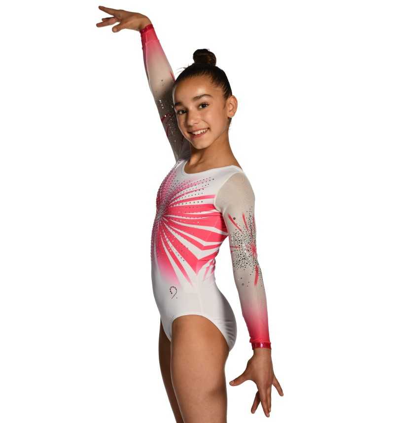 Justaucorps gymnastique fille Cosmos rose et blanc – manches longues, strass / Nine.Nine