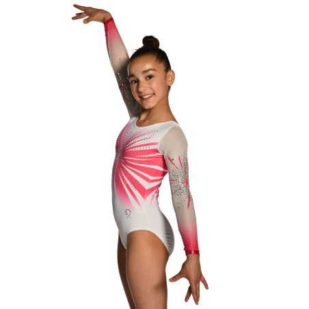 Justaucorps gymnastique fille Cosmos rose et blanc – manches longues, strass / Nine.Nine