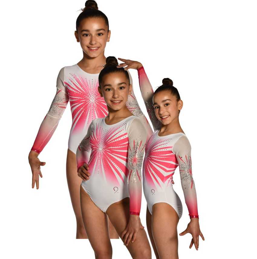 Justaucorps gymnastique fille Cosmos rose et blanc – manches longues, strass / Nine.Nine