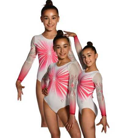 Justaucorps gymnastique fille Cosmos rose et blanc – manches longues, strass / Nine.Nine