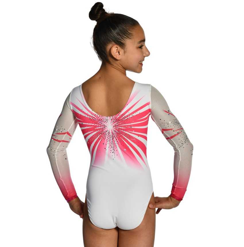 Justaucorps gymnastique fille Cosmos rose et blanc – manches longues, strass / Nine.Nine