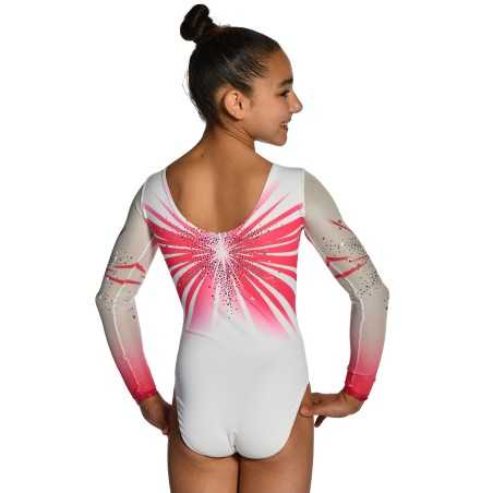 Justaucorps gymnastique fille Cosmos rose et blanc – manches longues, strass / Nine.Nine