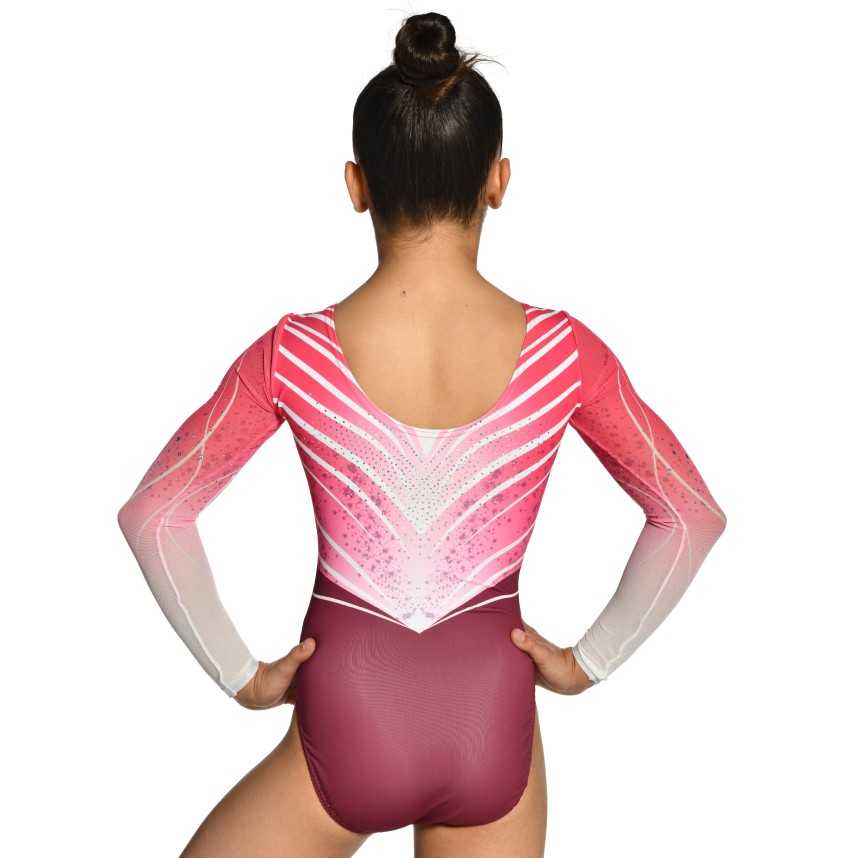 Justaucorps gymnastique fille manches longues strass rose bordeaux compétition