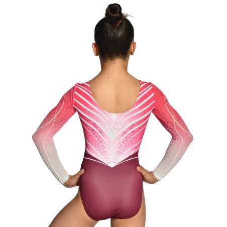Justaucorps gymnastique fille manches longues strass rose bordeaux compétition
