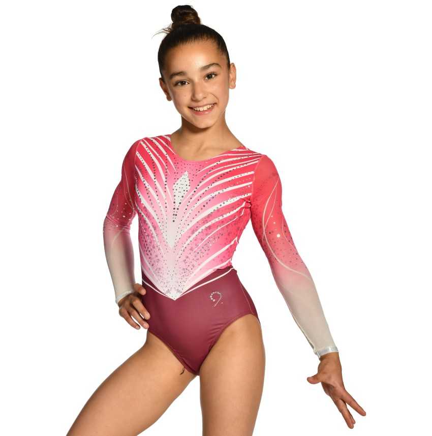 Justaucorps gymnastique fille manches longues strass rose bordeaux compétition