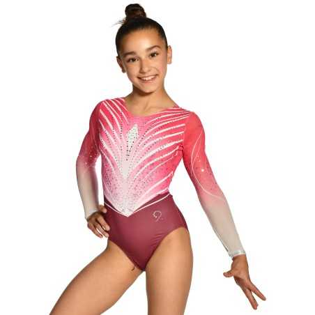 Justaucorps gymnastique fille manches longues strass rose bordeaux compétition