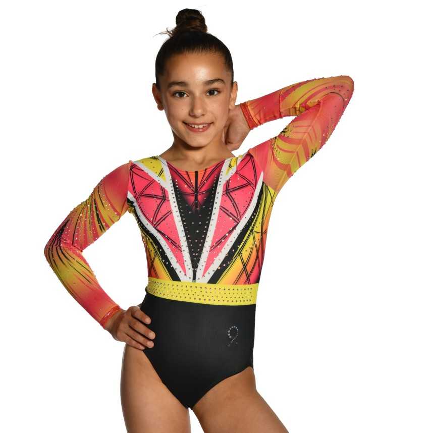 Justaucorps gymnastique fille manches longues strass noir rose jaune compétition