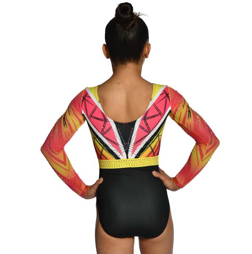 Justaucorps gymnastique fille manches longues strass noir rose jaune compétition