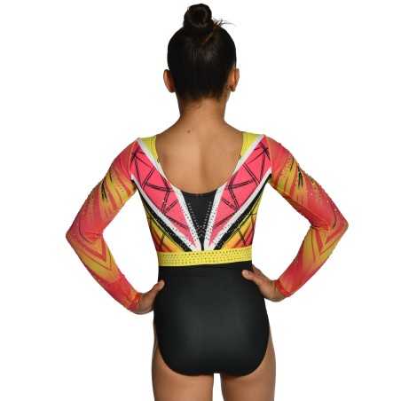Justaucorps gymnastique fille manches longues strass noir rose jaune compétition