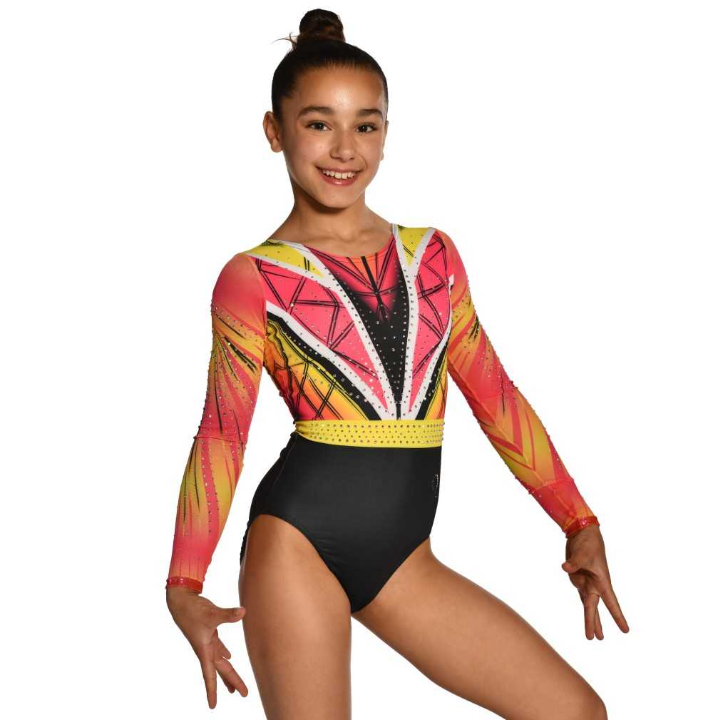 Justaucorps gymnastique fille manches longues strass noir rose jaune compétition