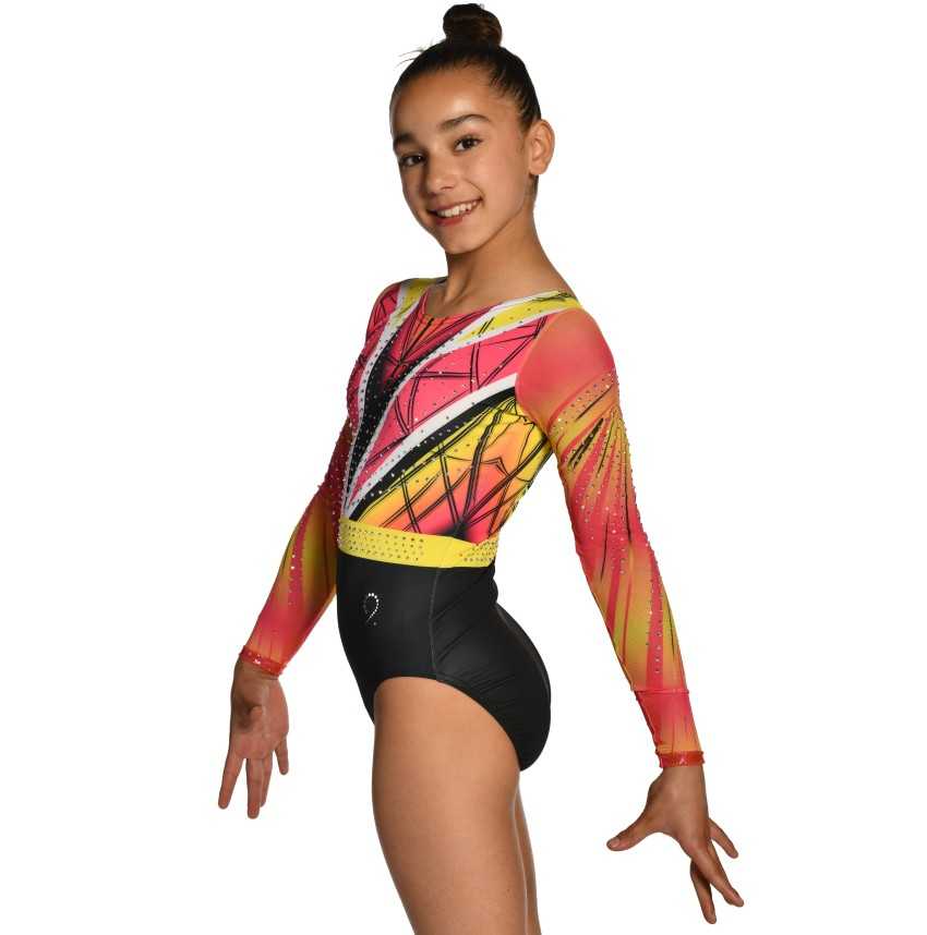 Justaucorps gymnastique fille manches longues strass noir rose jaune compétition
