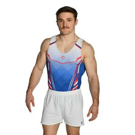 léotard Justaucorps gymnastique homme bleu rouge compétition entrainement