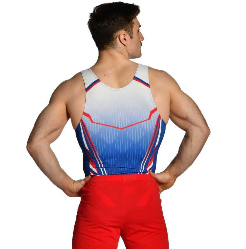 léotard Justaucorps gymnastique homme bleu rouge compétition entrainement