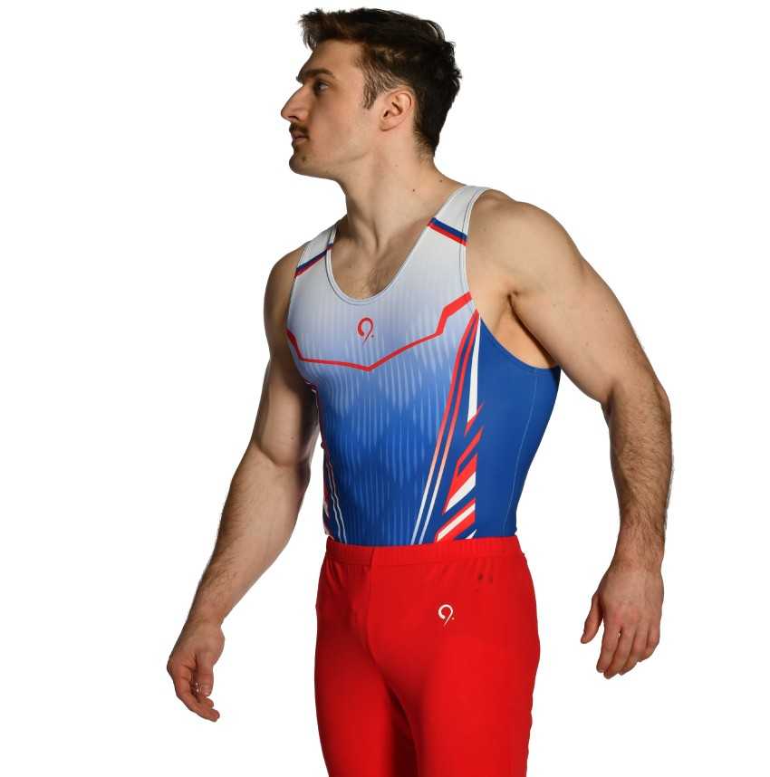 léotard Justaucorps gymnastique homme bleu rouge compétition entrainement