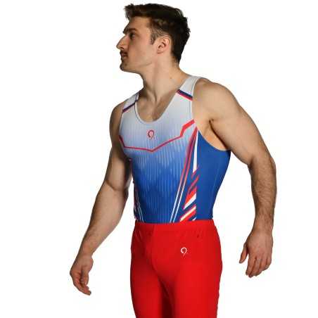 léotard Justaucorps gymnastique homme bleu rouge compétition entrainement