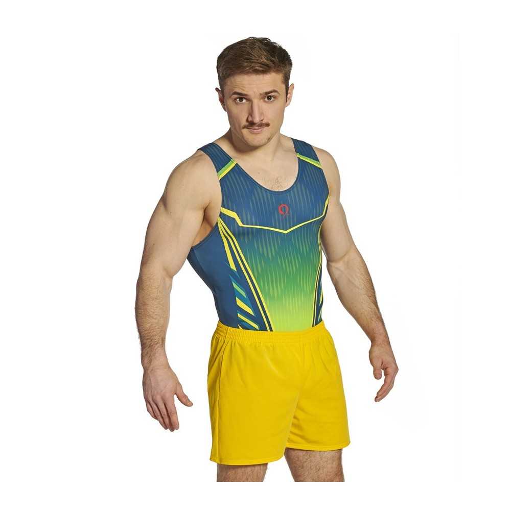 léotard gymnastique homme sans manches vert jaune compétition