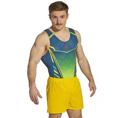 léotard gymnastique homme sans manches vert jaune compétition