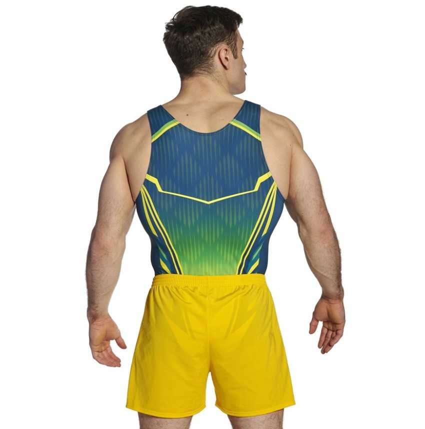 léotard gymnastique homme sans manches vert jaune compétition