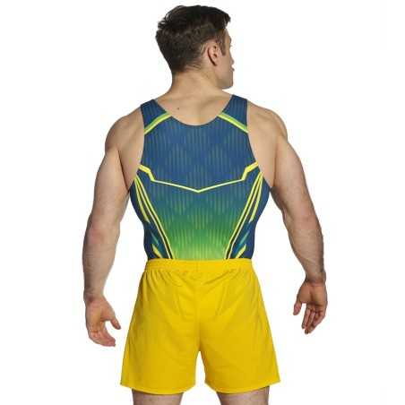 léotard gymnastique homme sans manches vert jaune compétition