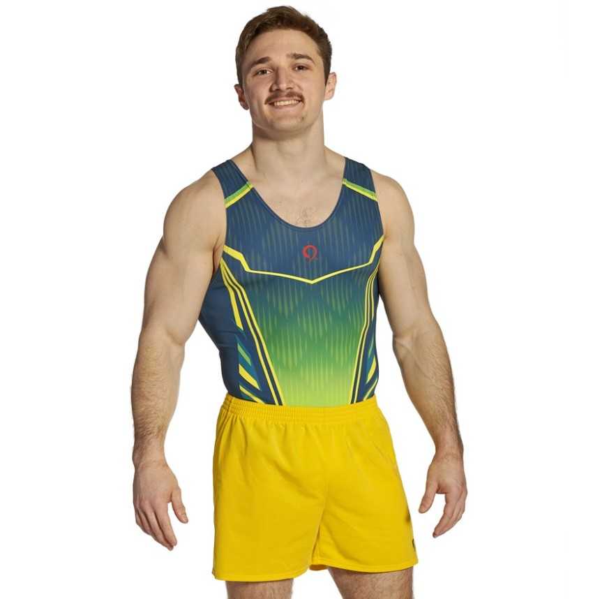 léotard gymnastique homme sans manches vert jaune compétition