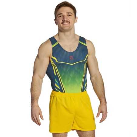 léotard gymnastique homme sans manches vert jaune compétition