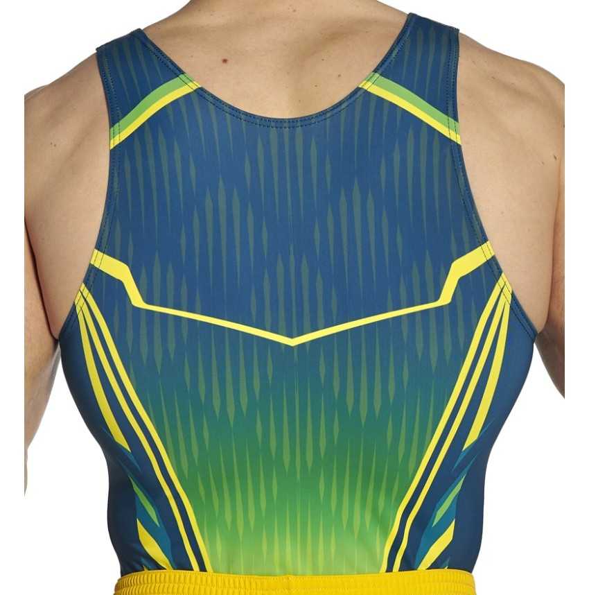 léotard gymnastique homme sans manches vert jaune compétition