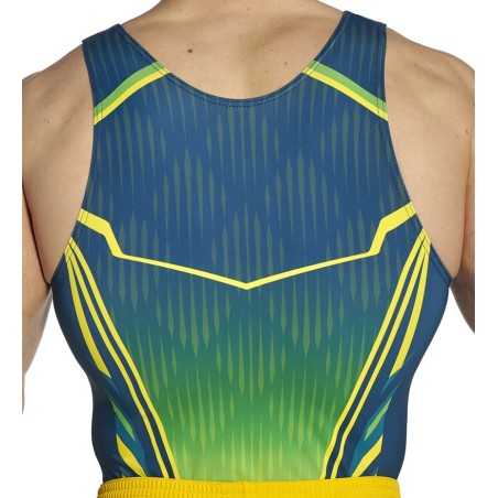 léotard gymnastique homme sans manches vert jaune compétition