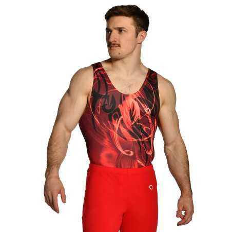 léotard gymnastique homme sans manches rouge noir compétition
