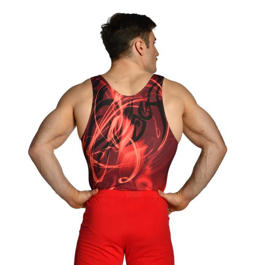 léotard gymnastique homme sans manches rouge noir compétition