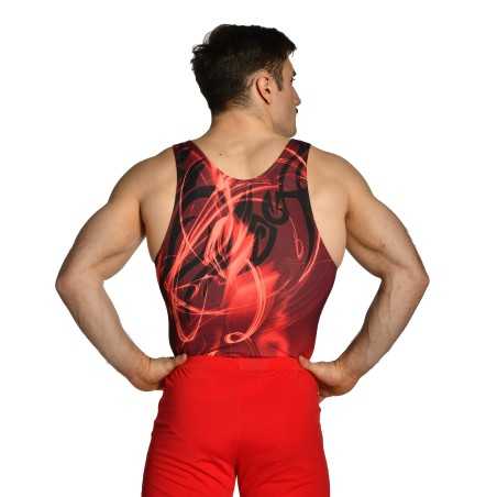 léotard gymnastique homme sans manches rouge noir compétition