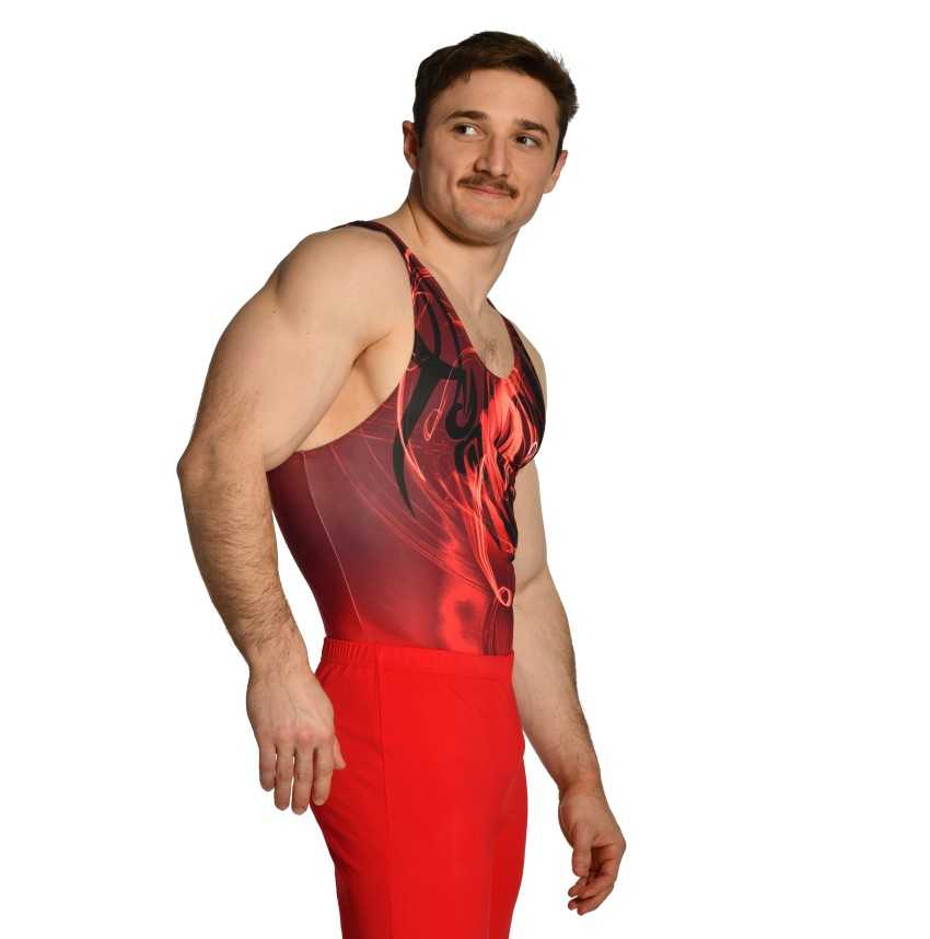 léotard gymnastique homme sans manches rouge noir compétition