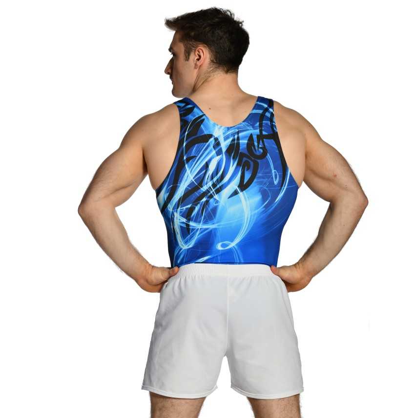 Léotard gymnastique homme sans manches bleu noir compétition