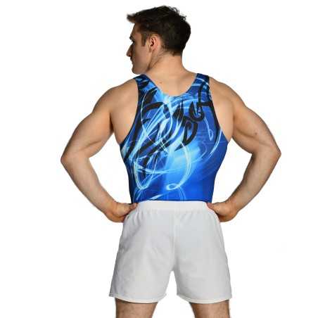 Léotard gymnastique homme sans manches bleu noir compétition